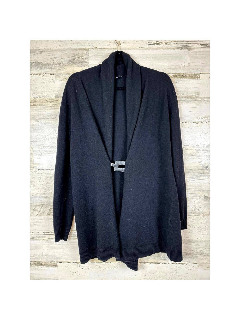 Lafayette 148 Womens L Black Cashmere Blend Long Cardigan Leather Clasp Closure